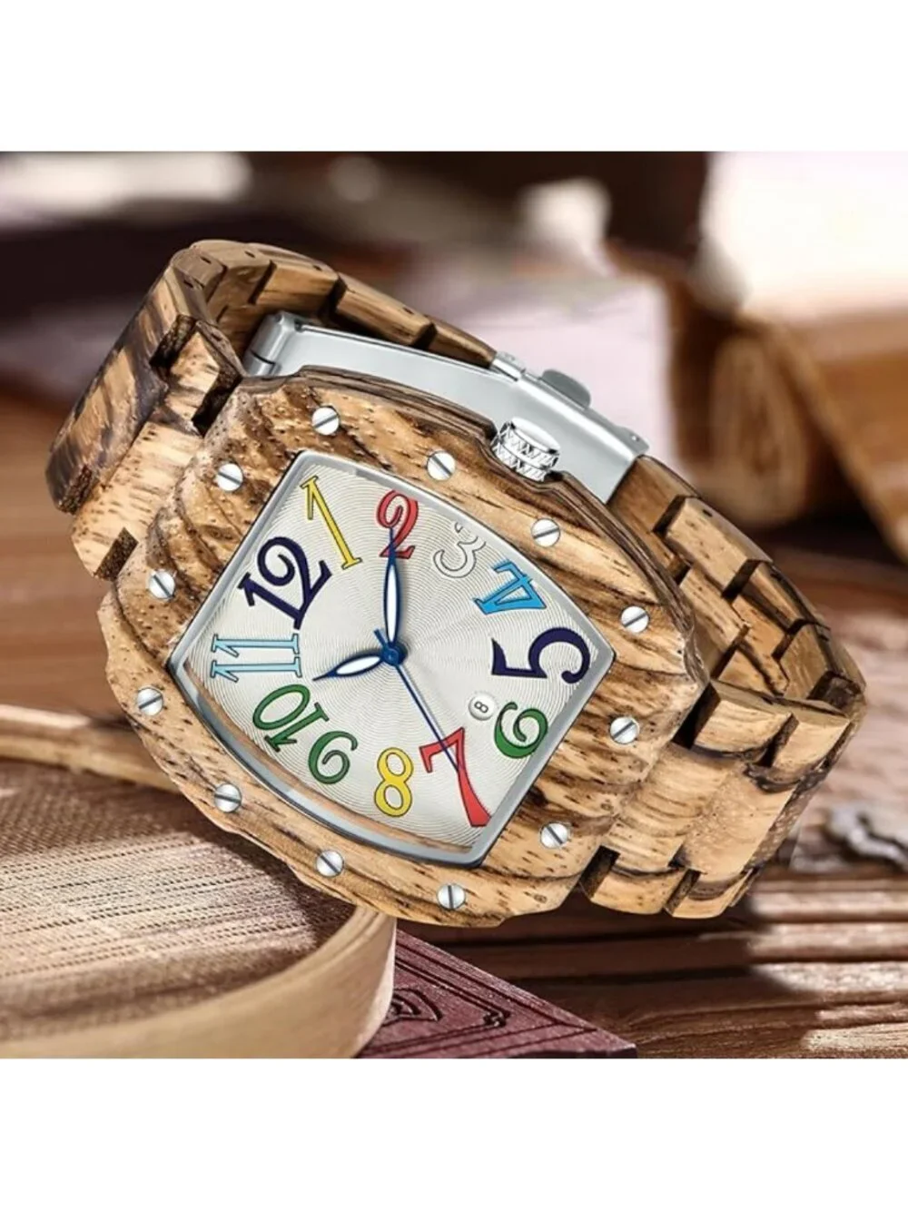 Mens Watch Two Tone Wood Rectangle Handmade Analog Dial Quartz Casual Wristwatch